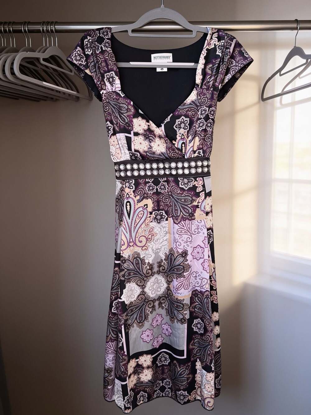 Motherhood Maternity Sleeveless Empire Waist Paisley Print Dress with Embellishe